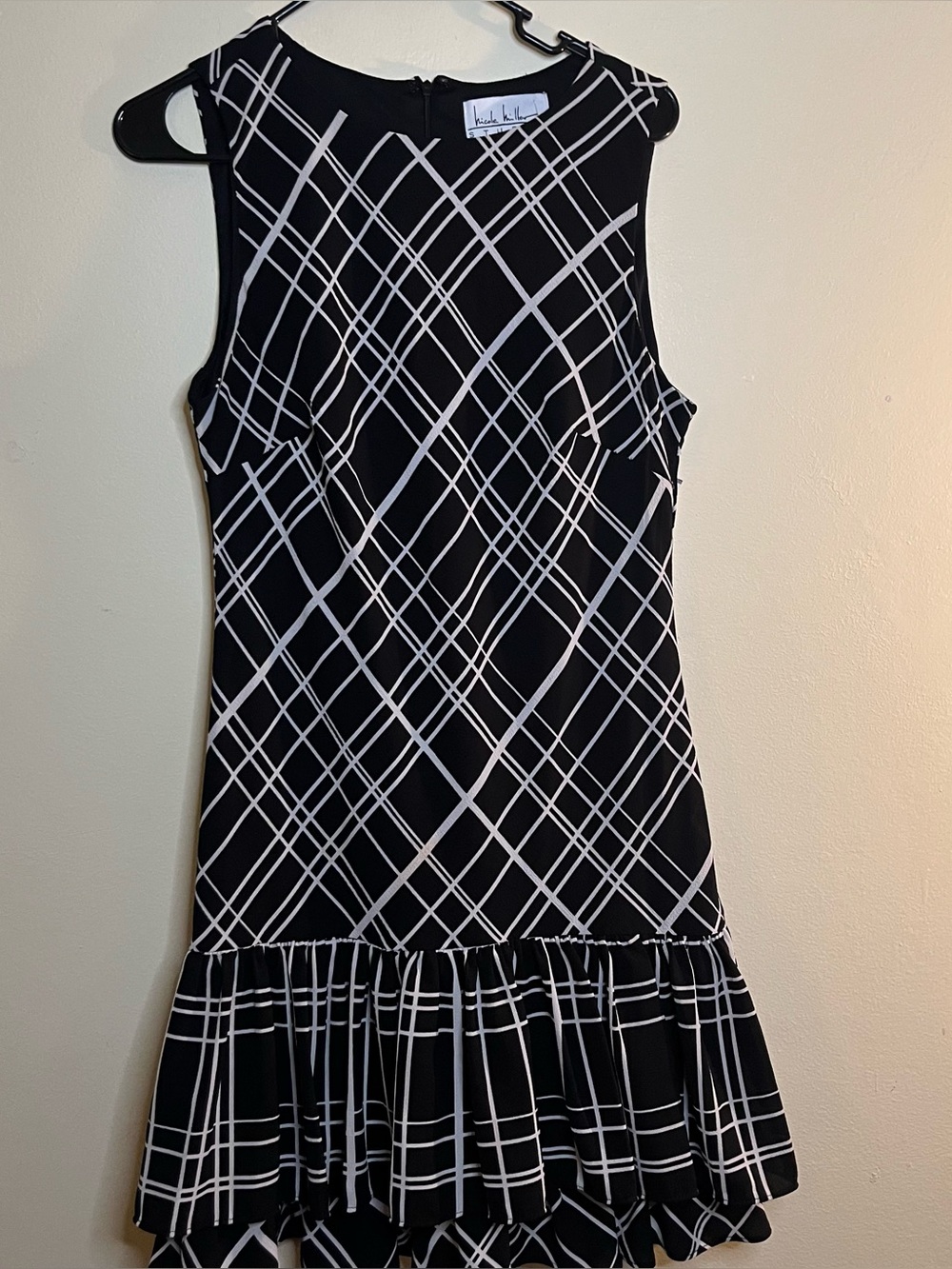 Nicole Miller Black Top with White Geometric Grid